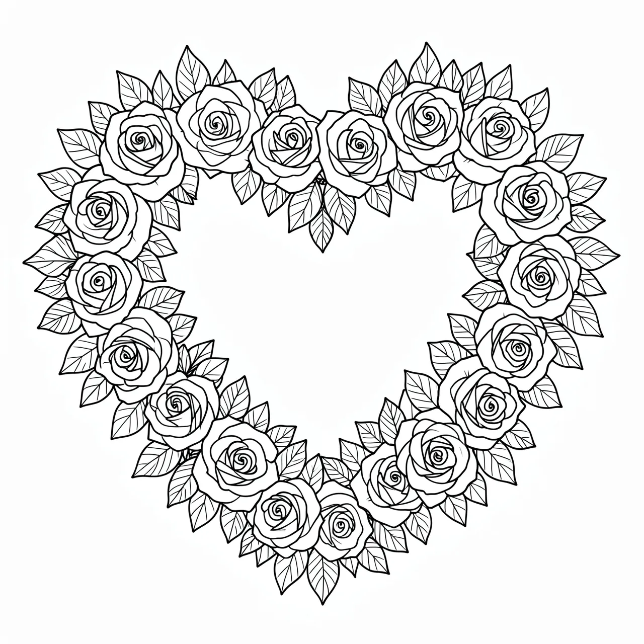 Black and white line art of an intricate heart wreath made of roses and leaves on a plain white background