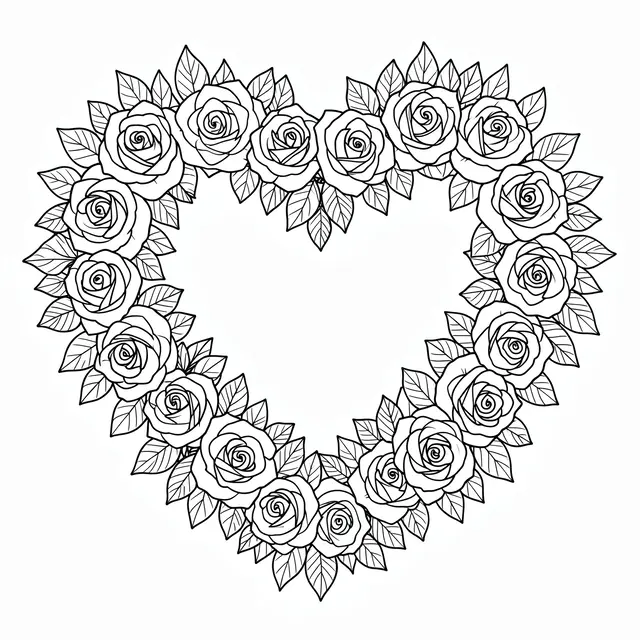 Black and white line art of an intricate heart wreath made of roses and leaves on a plain white background