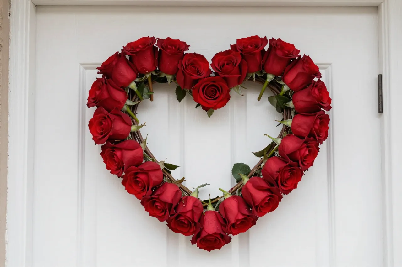 A heart-shaped wreath of deep red roses hangs centered on a white paneled front door.