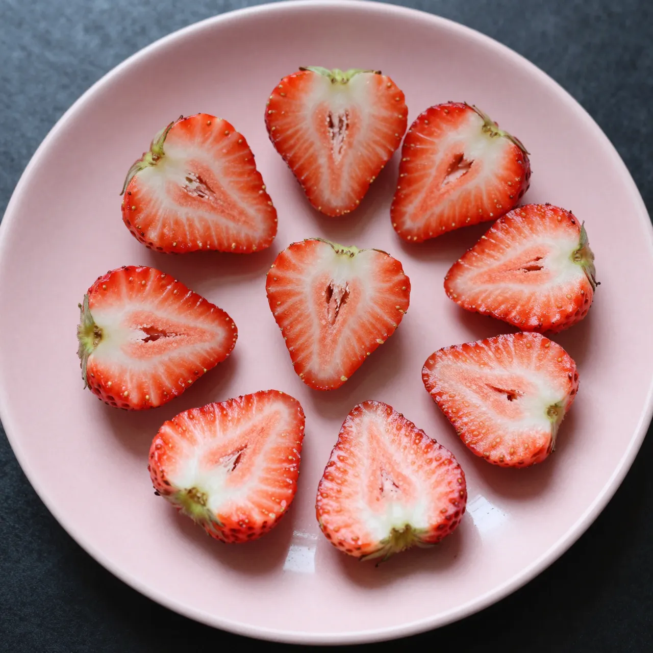 Top-down view of sliced heart-shaped strawberry halves arranged on a pale pink plate over a dark surface