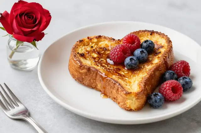 Heart-shaped French toast topped with berries sits on a plate beside a small vase with a red rose