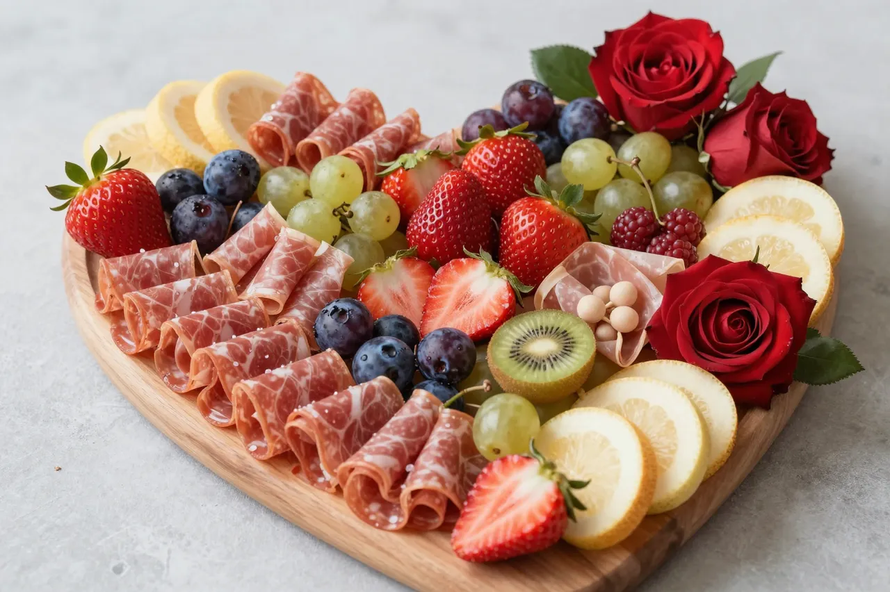 Heart-shaped wooden charcuterie board with cured meat, fresh fruit and red roses on a light gray countertop