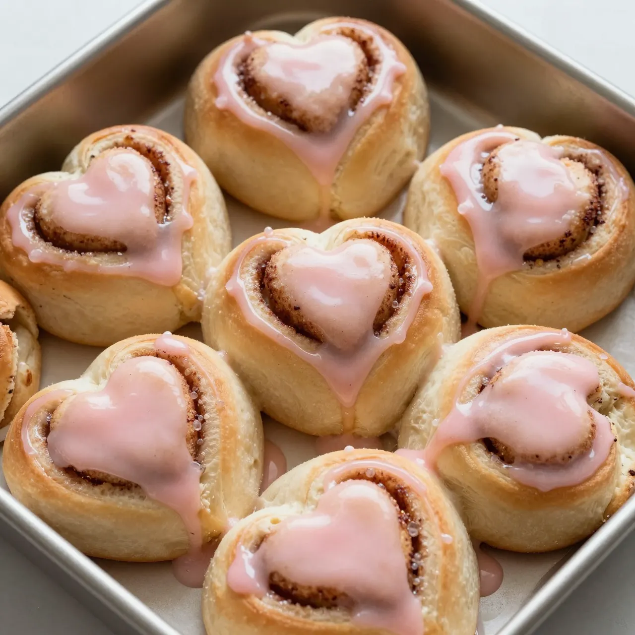 Overhead view of heart shaped cinnamon rolls with pink glaze arranged in a metal baking pan