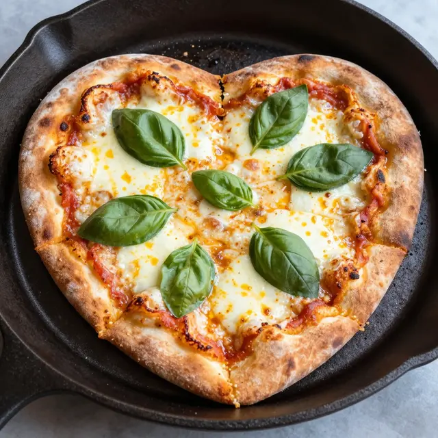Heart shaped margherita pizza with fresh basil sits in a black cast iron skillet