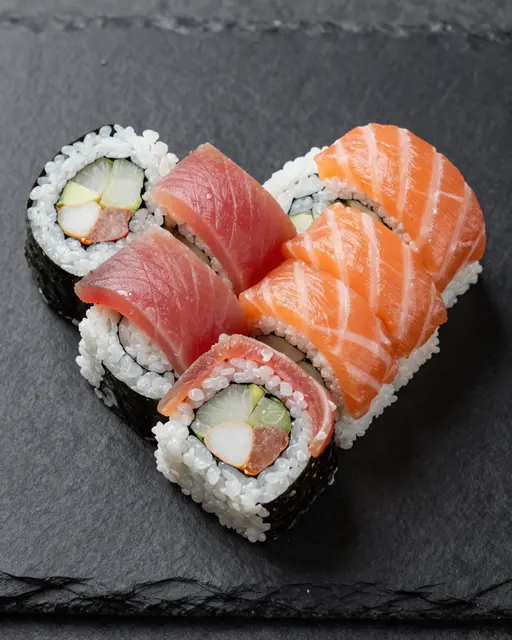 Heart-shaped arrangement of tuna and salmon sushi resting on a dark slate plate