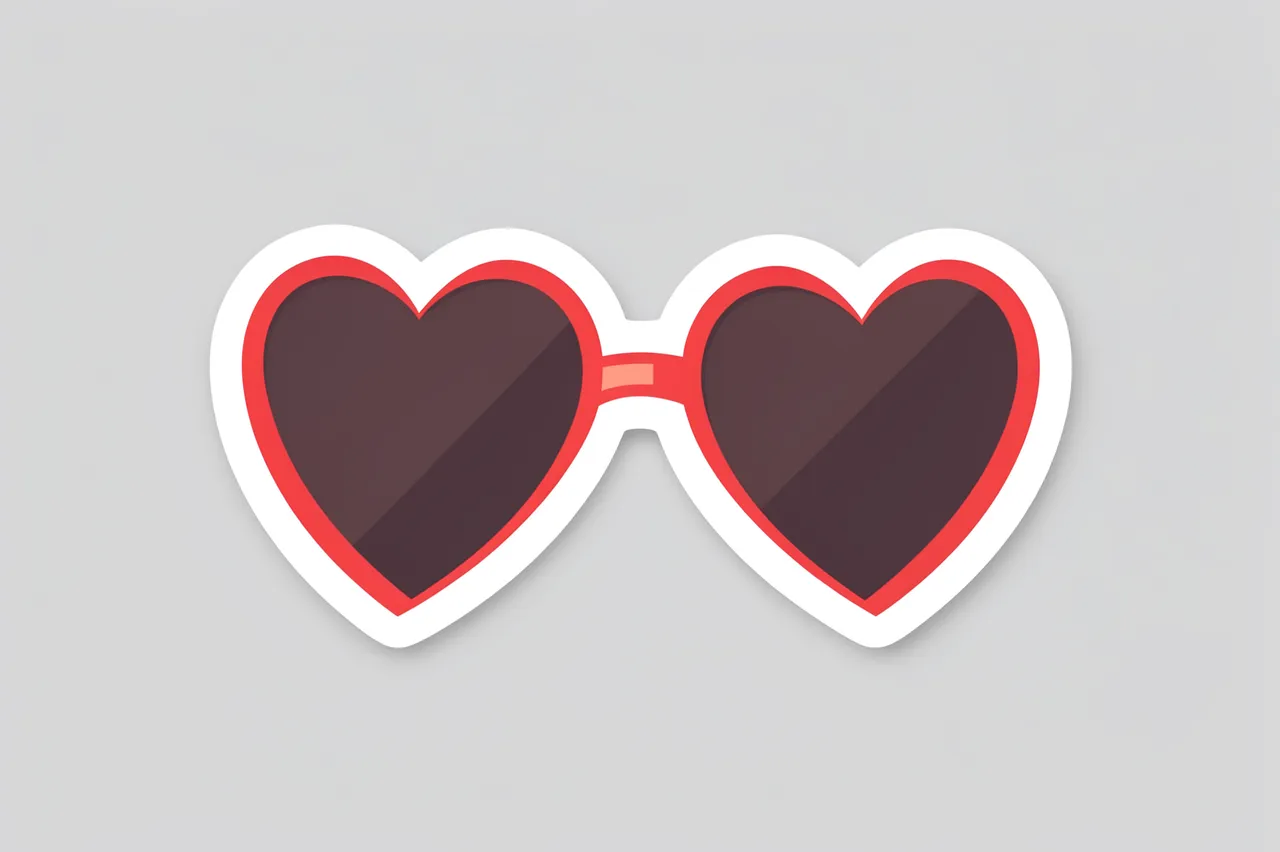 Flat illustration of heart-shaped sunglasses with a thick white die-cut border on a plain light gray background