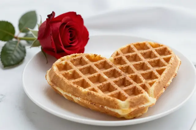 Heart shaped waffle on a white plate beside a red rose for a romantic breakfast