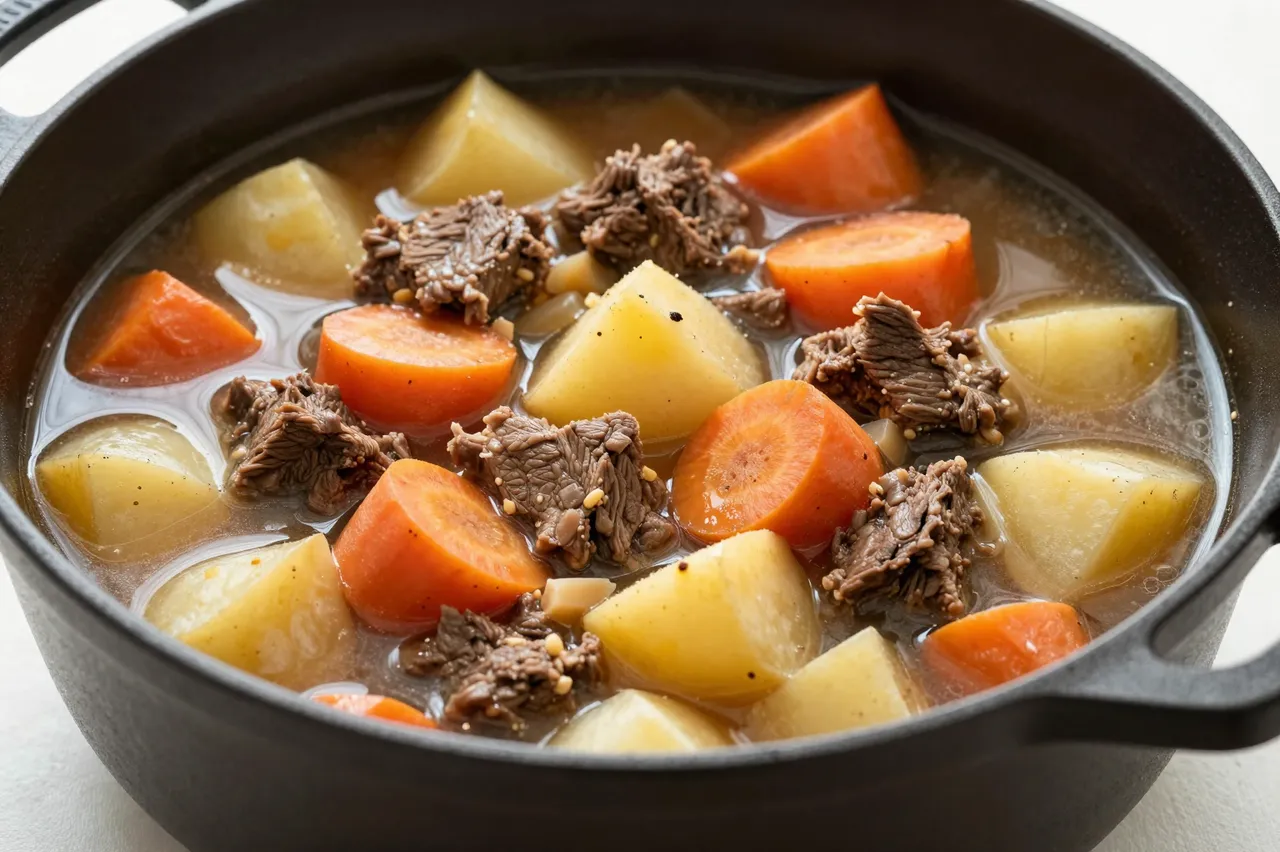 Close-up view of beef stew with potato and carrot chunks served in a black cast iron cooking pot