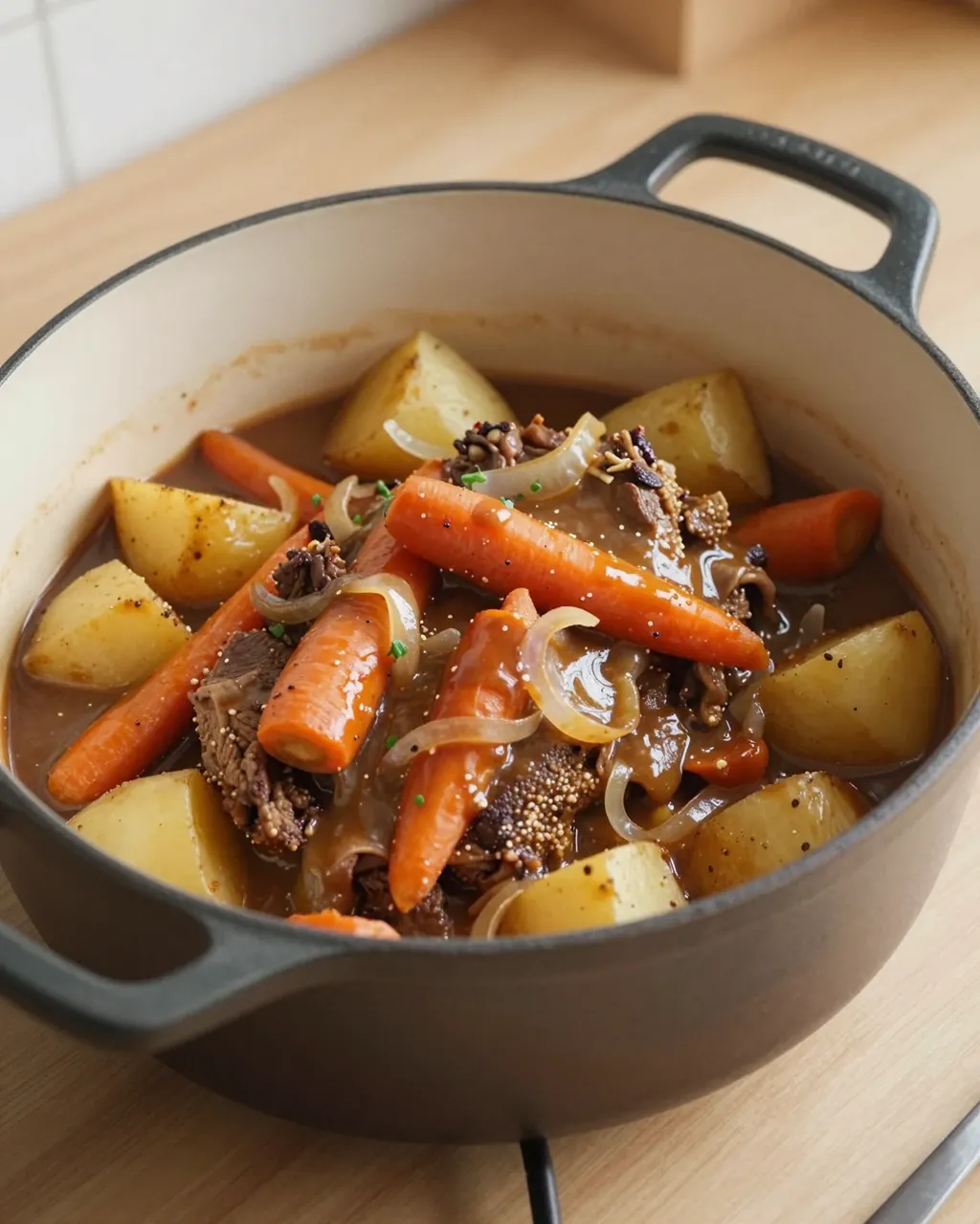 Slow cooked pot roast with carrots, potatoes and onions sits in a cast iron dutch oven with rich brown gravy on a wooden