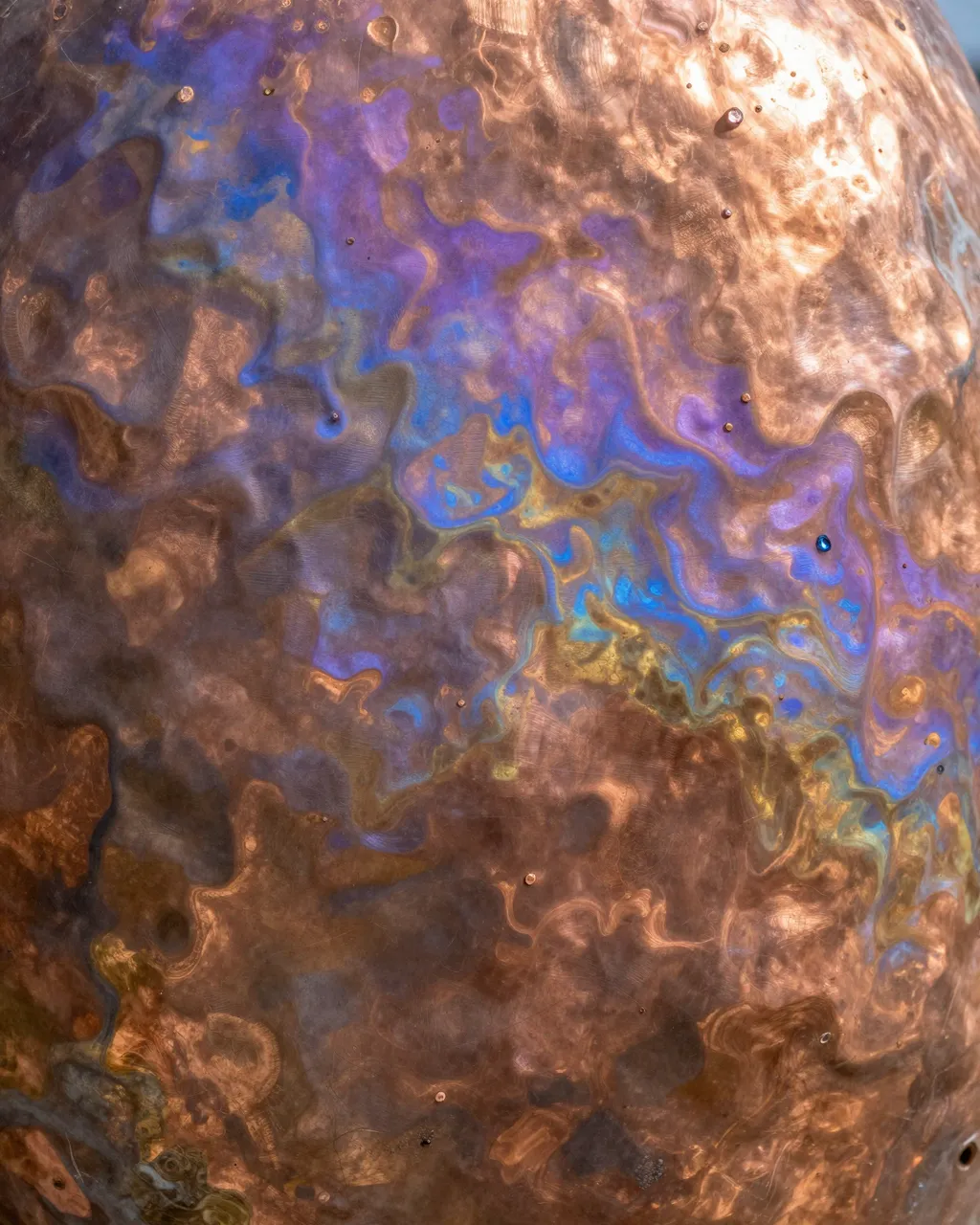 Full frame close-up of hammered heat-colored copper with iridescent purple, blue and gold patina swirls