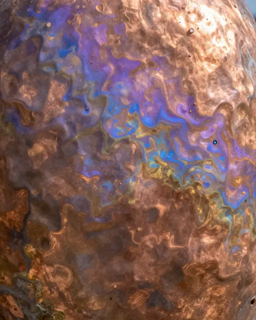 Full frame close-up of hammered heat-colored copper with iridescent purple, blue and gold patina swirls