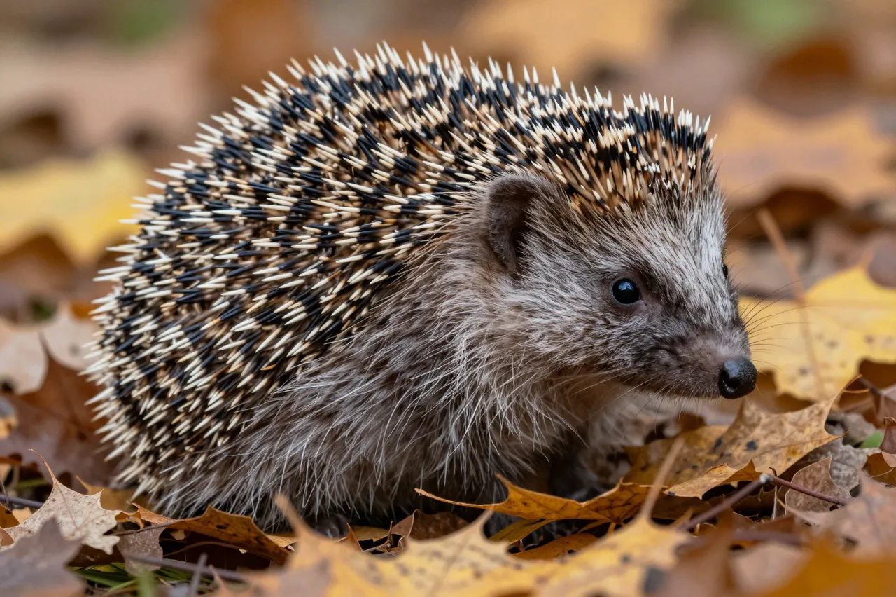 A hedgehog with raised spines sits nestled among dry fallen autumn leaves on the forest floor