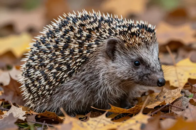 A hedgehog with raised spines sits nestled among dry fallen autumn leaves on the forest floor