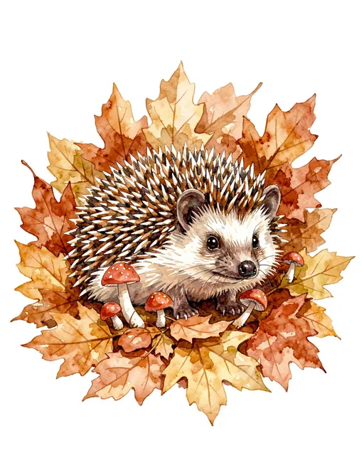 Watercolor illustration of a hedgehog sitting among fall maple leaves and small red toadstool mushrooms.