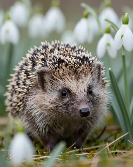 A small hedgehog sits among blooming white snowdrop flowers in late winter under soft natural light.