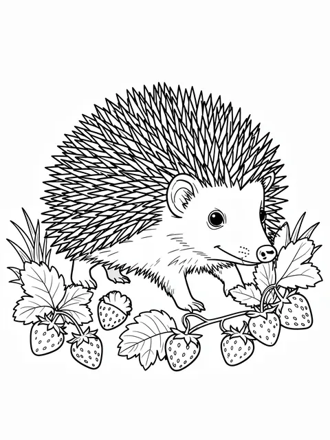 Black and white line art of a hedgehog standing among wild strawberry plants on a white background