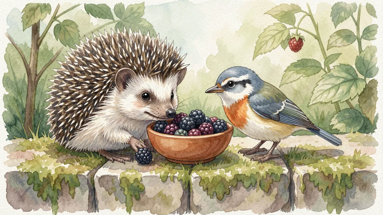 A watercolor illustration of a hedgehog and small songbird beside a bowl of blackberries on a mossy garden wall