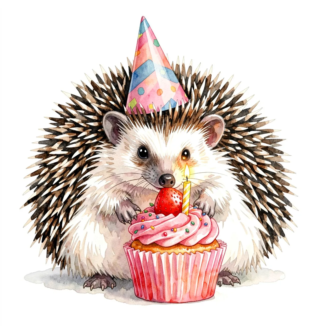 Watercolor illustration of a hedgehog in a party hat leaning over a strawberry birthday cupcake with one lit candle