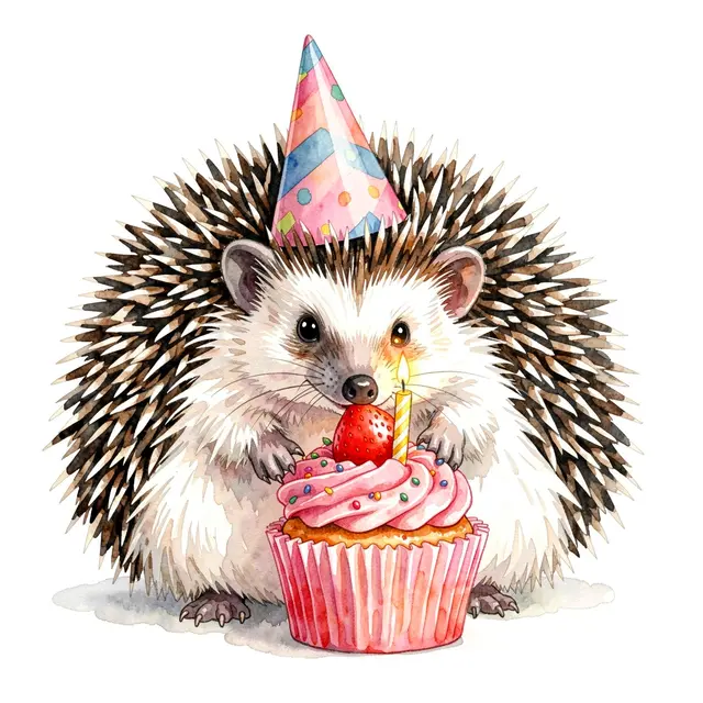 Watercolor illustration of a hedgehog in a party hat leaning over a strawberry birthday cupcake with one lit candle