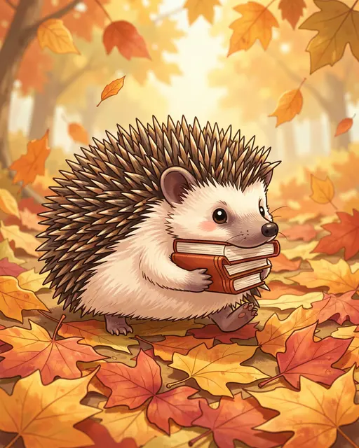 Cute illustrated hedgehog carries a stack of closed books while walking through fallen autumn leaves in a sunlit forest.