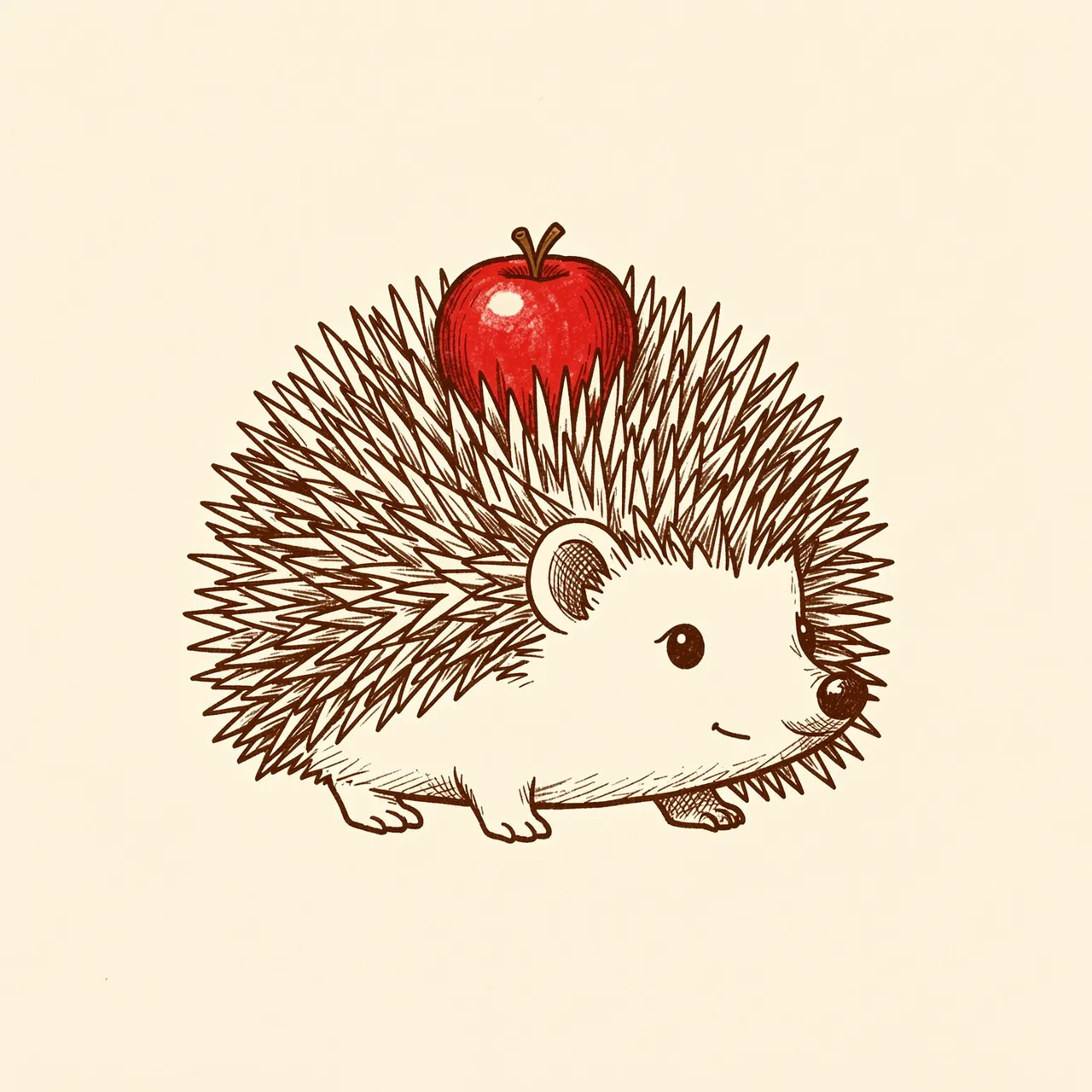 Cute brown ink line drawing of a hedgehog holding a red apple on its spines against cream paper