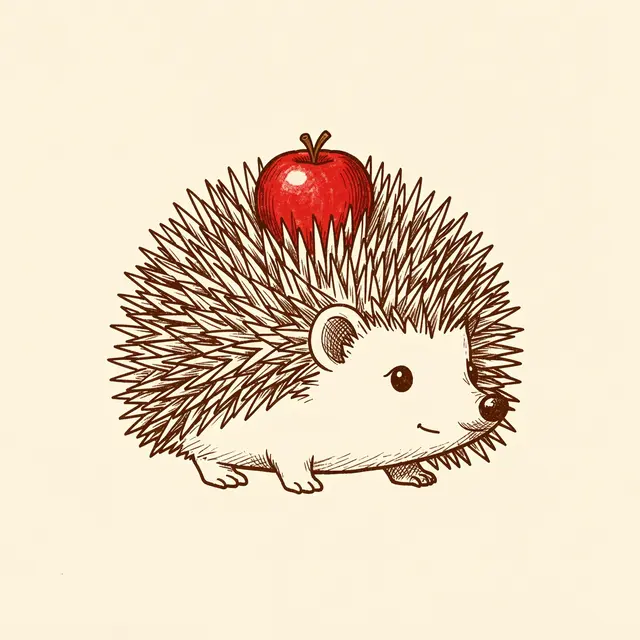 Cute brown ink line drawing of a hedgehog holding a red apple on its spines against cream paper