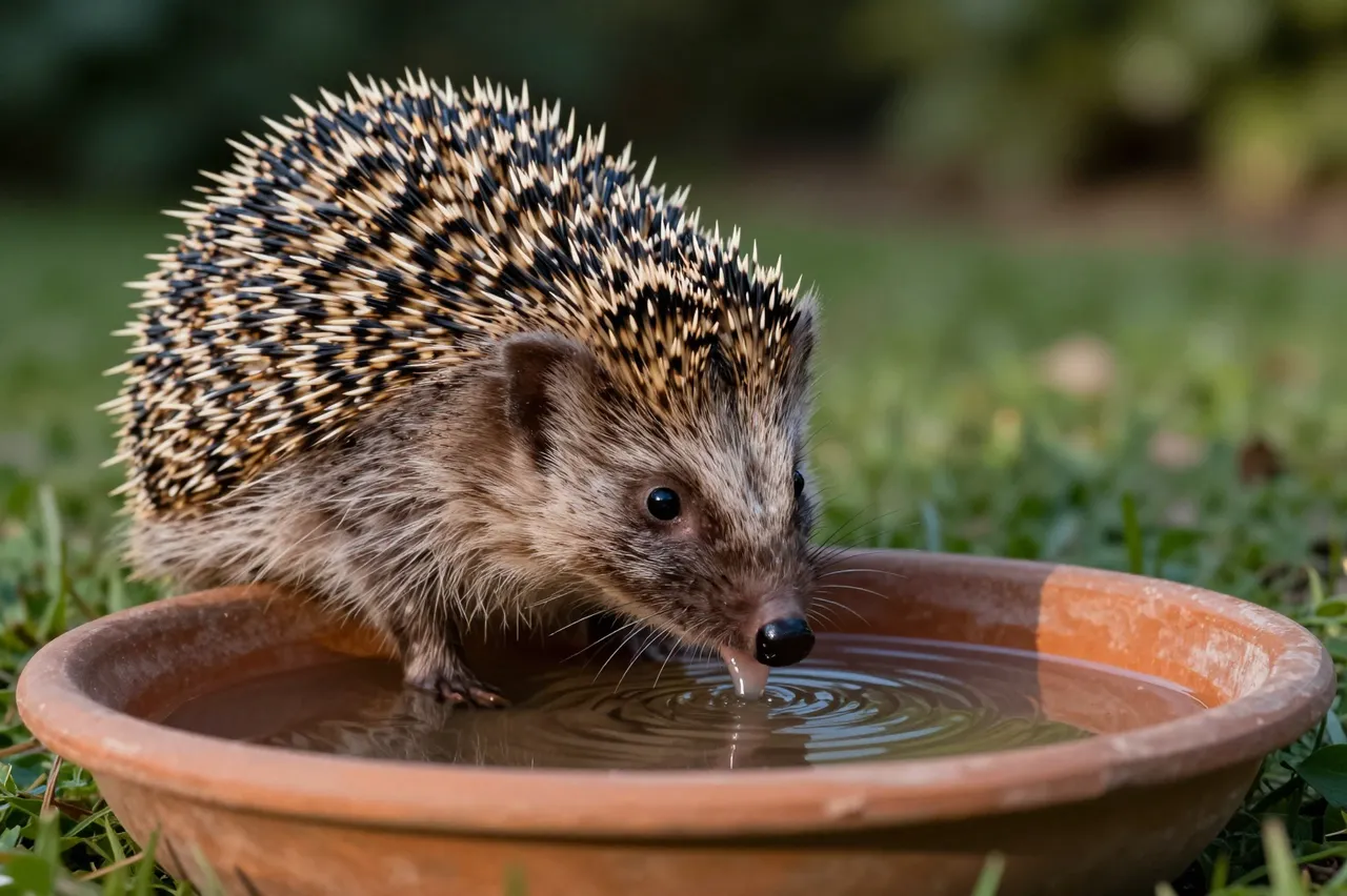 A hedgehog stands with one paw in a shallow terracotta dish, drinking water in a sunlit garden.