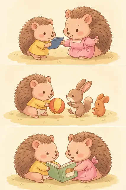 Three stacked warm illustration panels of hedgehogs sharing a phone, playing, and reading together