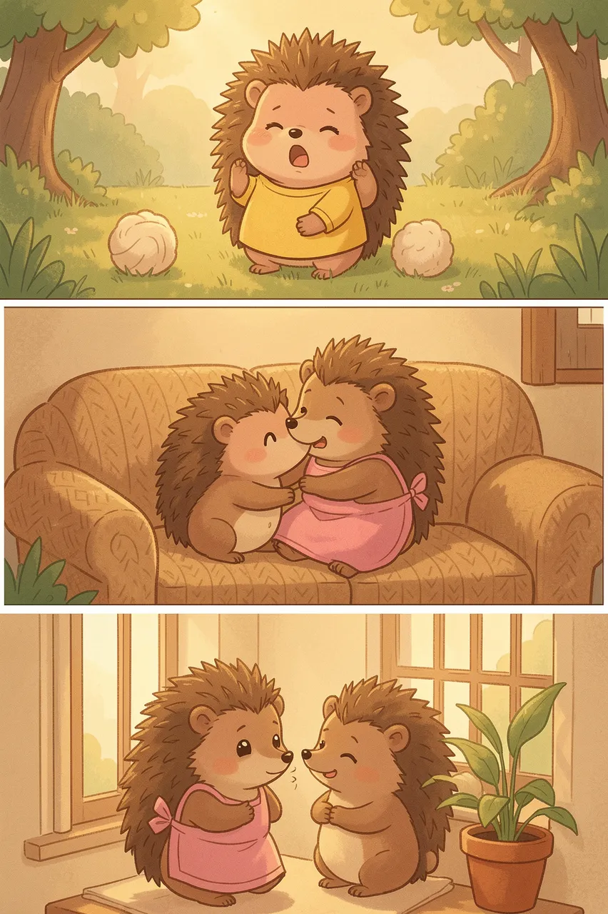 Three vertical stacked storybook panels showing a little and mother hedgehog across cozy domestic and garden scenes