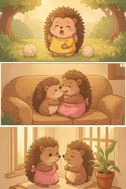 Three vertical stacked storybook panels showing a little and mother hedgehog across cozy domestic and garden scenes