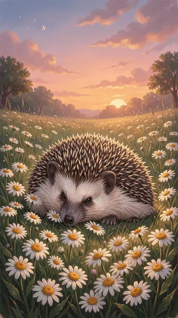 A hedgehog rests in a field of chamomile flowers as the sun sets over a grassy meadow.