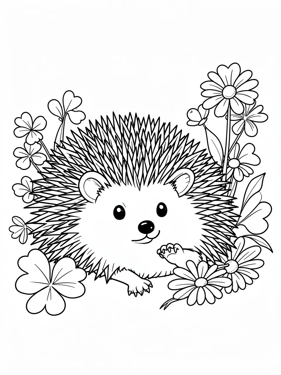 Black and white line art of a smiling hedgehog resting among clover and daisy flowers on a plain white background