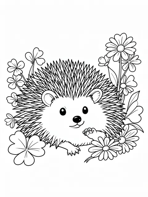 Black and white line art of a smiling hedgehog resting among clover and daisy flowers on a plain white background