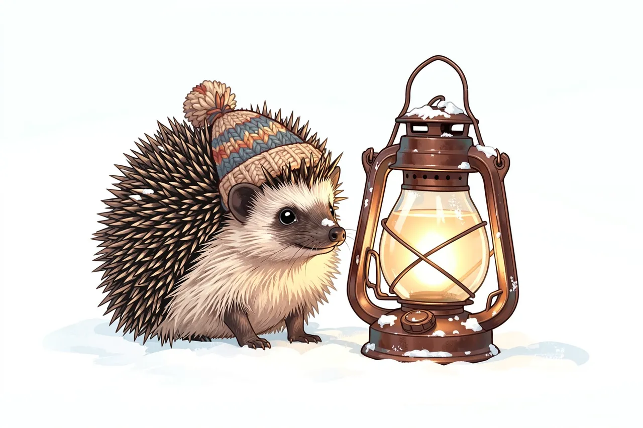 A cute illustrated hedgehog in a knitted pom-pom hat sits next to a glowing vintage lantern on snow.