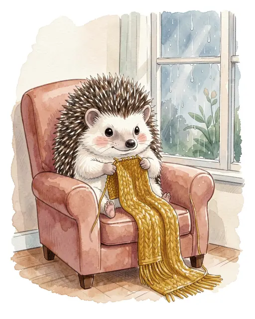 Cute watercolor hedgehog sits in a pink armchair knitting a mustard yellow scarf by a rainy window.
