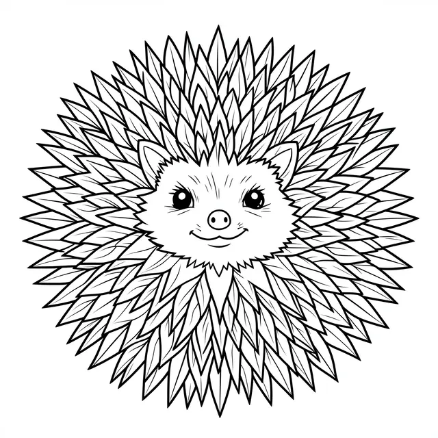Black and white line art of a smiling hedgehog with leafy quills arranged in a circular mandala pattern on a white background