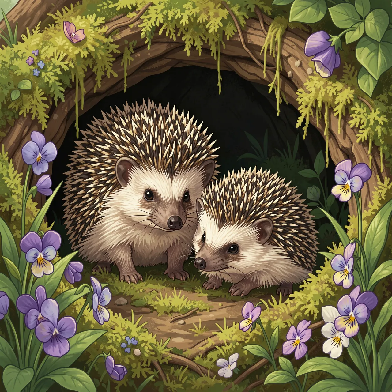 Storybook illustration of an adult and baby hedgehog sitting in a mossy tree hollow surrounded by purple violet flowers.