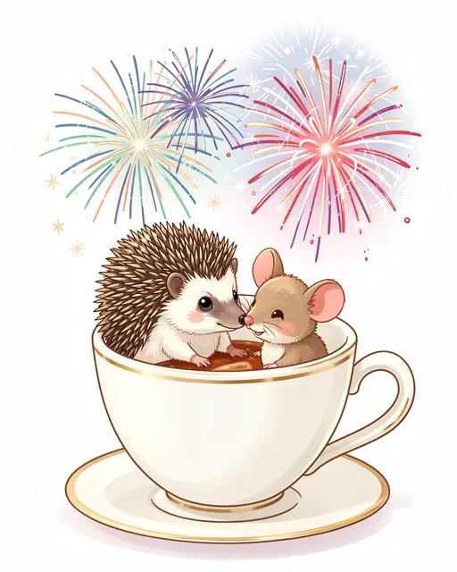 A cute hedgehog and mouse sit inside a teacup watching colorful New Year fireworks burst overhead.