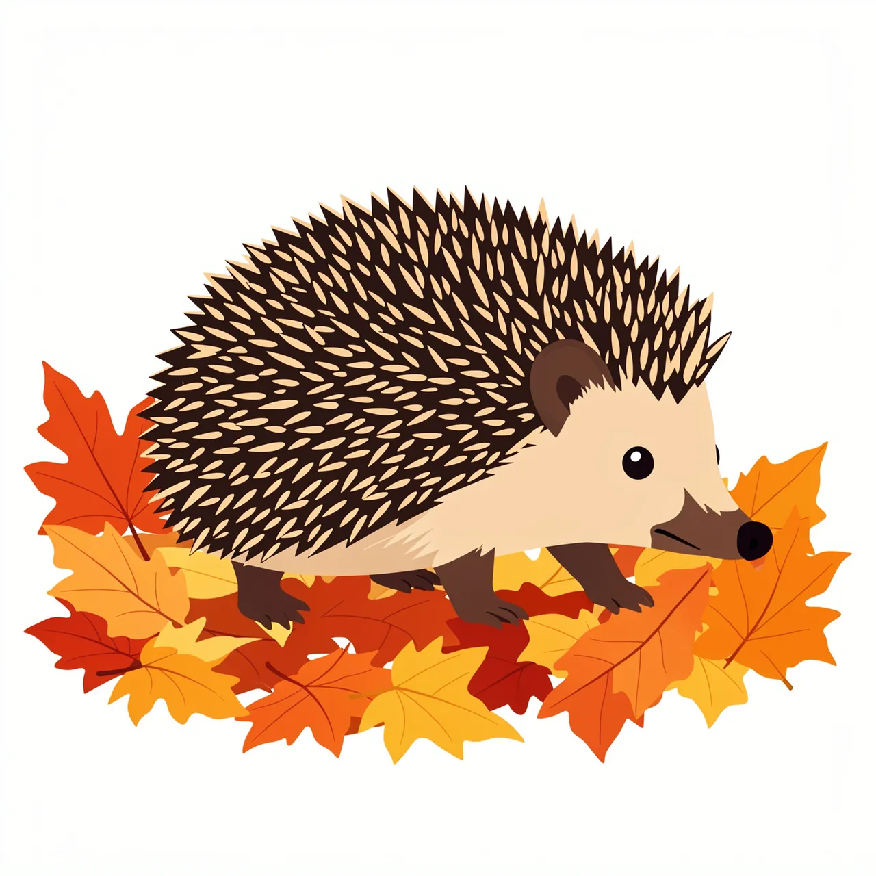 A flat vector hedgehog walking across a pile of colorful fallen autumn oak leaves on a plain white background.