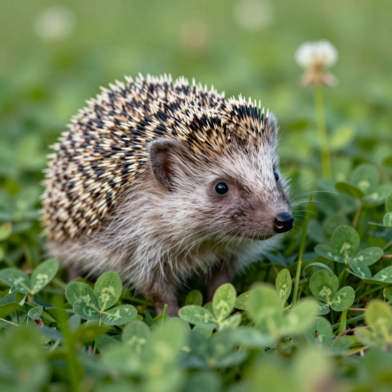A small hedgehog stands on a bed of green clover under soft natural light.
