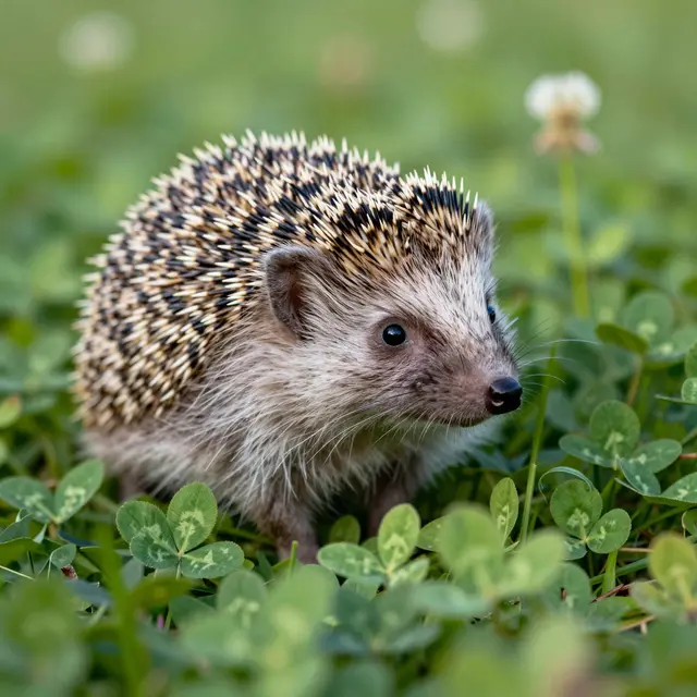 A small hedgehog stands on a bed of green clover under soft natural light.
