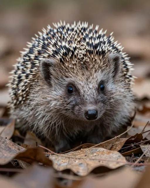 A hedgehog peeks out from dry fallen leaves and looks directly at the camera.