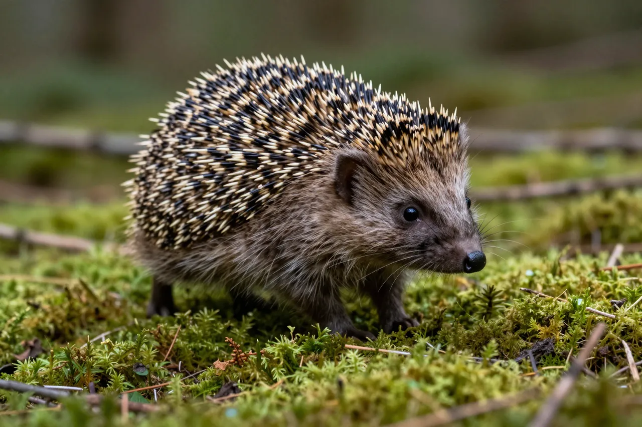 A small hedgehog stands and walks slowly across soft green moss on a forest floor.