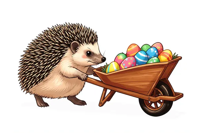 A cute illustrated hedgehog pushes a wooden wheelbarrow filled with decorated Easter eggs