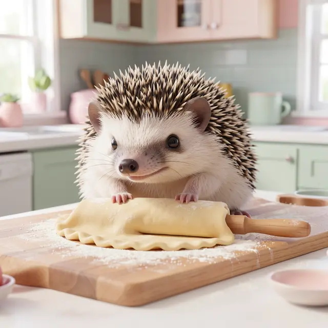 A chubby hedgehog uses a rolling pin to flatten pie crust on a floured pastel kitchen countertop