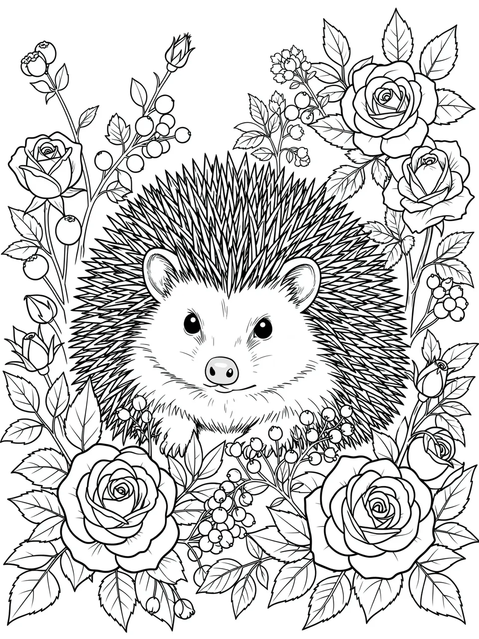 Intricate black and white line art of a hedgehog framed by roses and wild berries on a plain white background