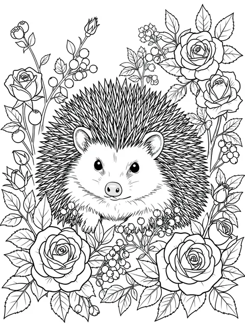 Intricate black and white line art of a hedgehog framed by roses and wild berries on a plain white background