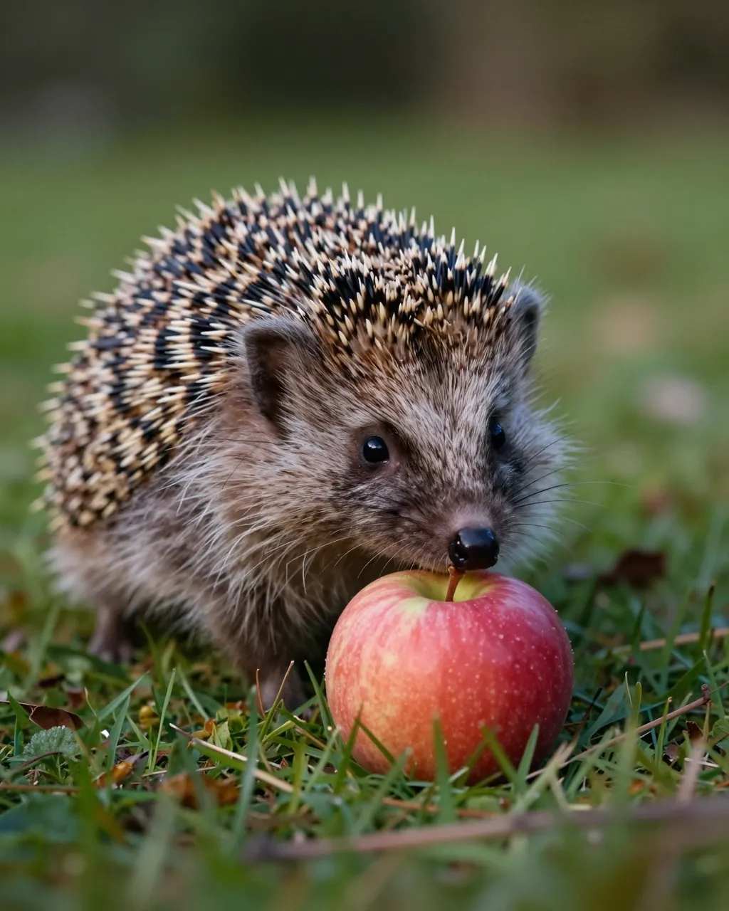 A small hedgehog leans close to sniff a red apple resting on grass in a garden