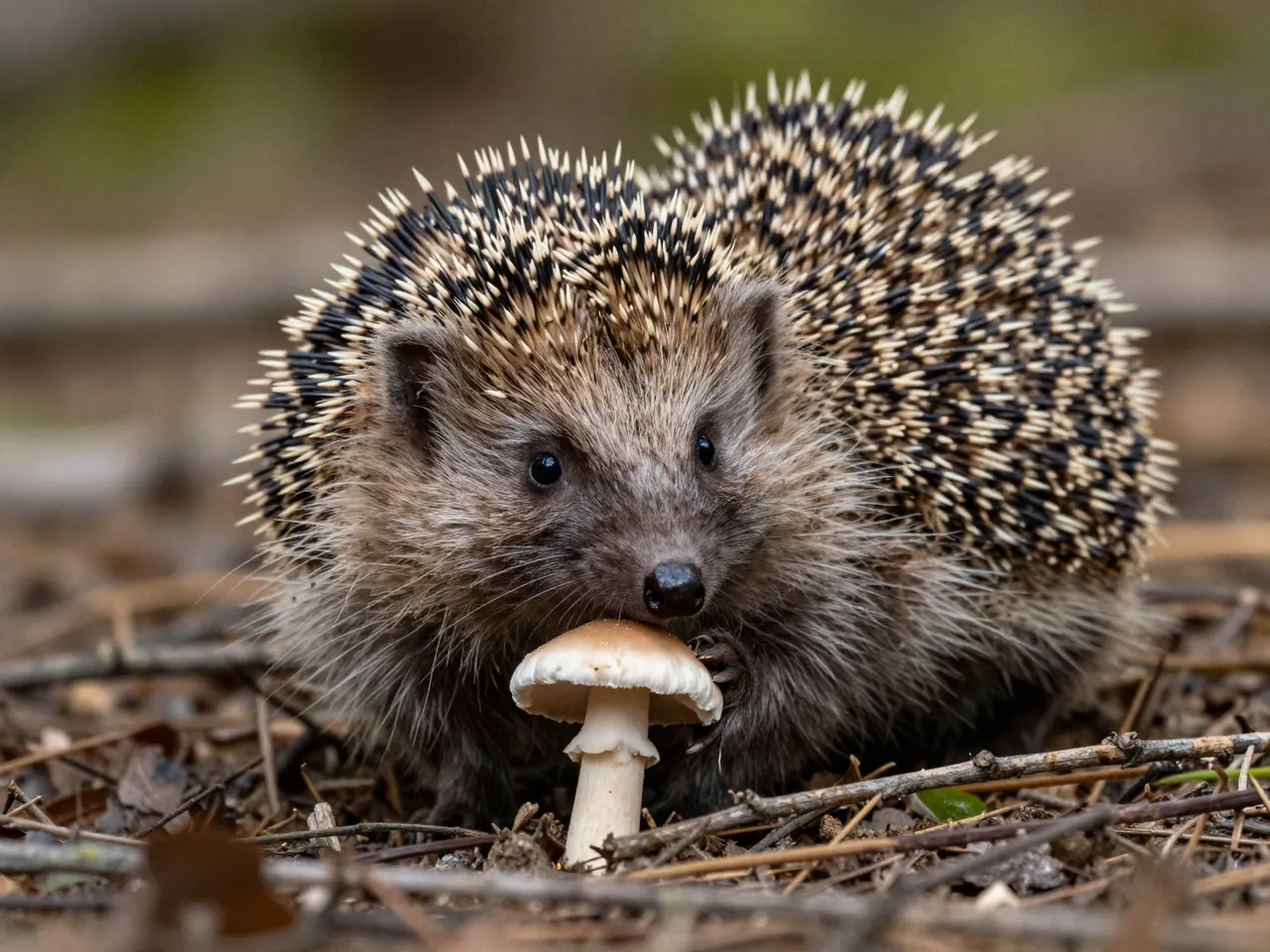 A wild hedgehog rests its face close to a small mushroom on a forest floor of twigs and leaf litter
