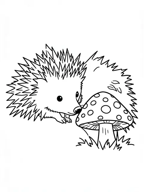 Bold black line art of a hedgehog leaning in to sniff a spotted toadstool on a plain white background